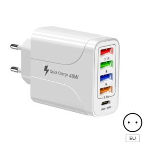 USB Charger Block Phone Charger 5 Ports 48W USB Power Adapter Smart Phone Wall Charger Block Cube Adapter White EU plug